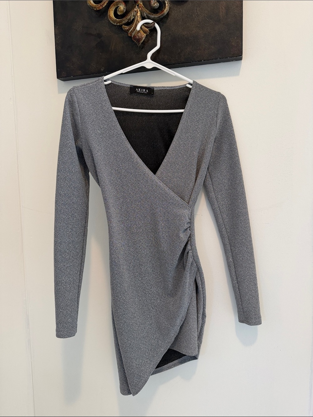 AKIRA Silver Gray Long Sleeve Wrap Ruched Dress, Size Small